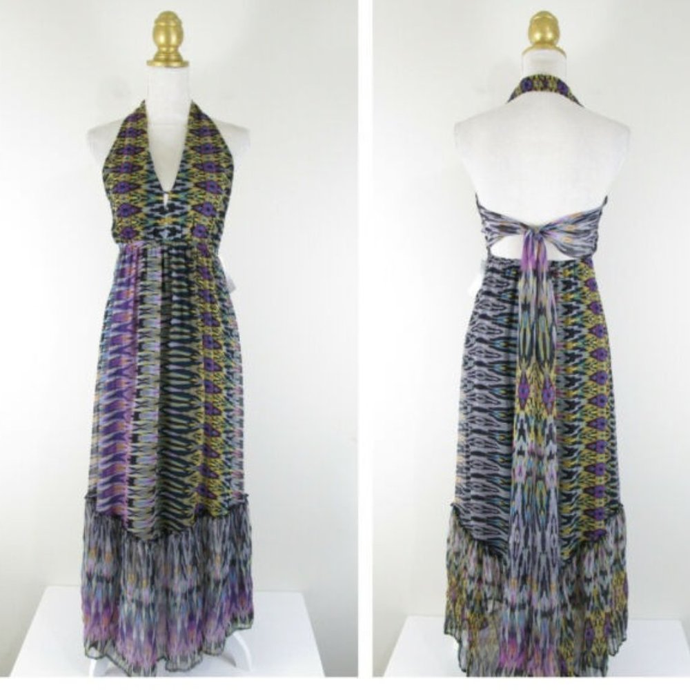 Cynthia Vincent Watercolor Chiffon Halter Dress